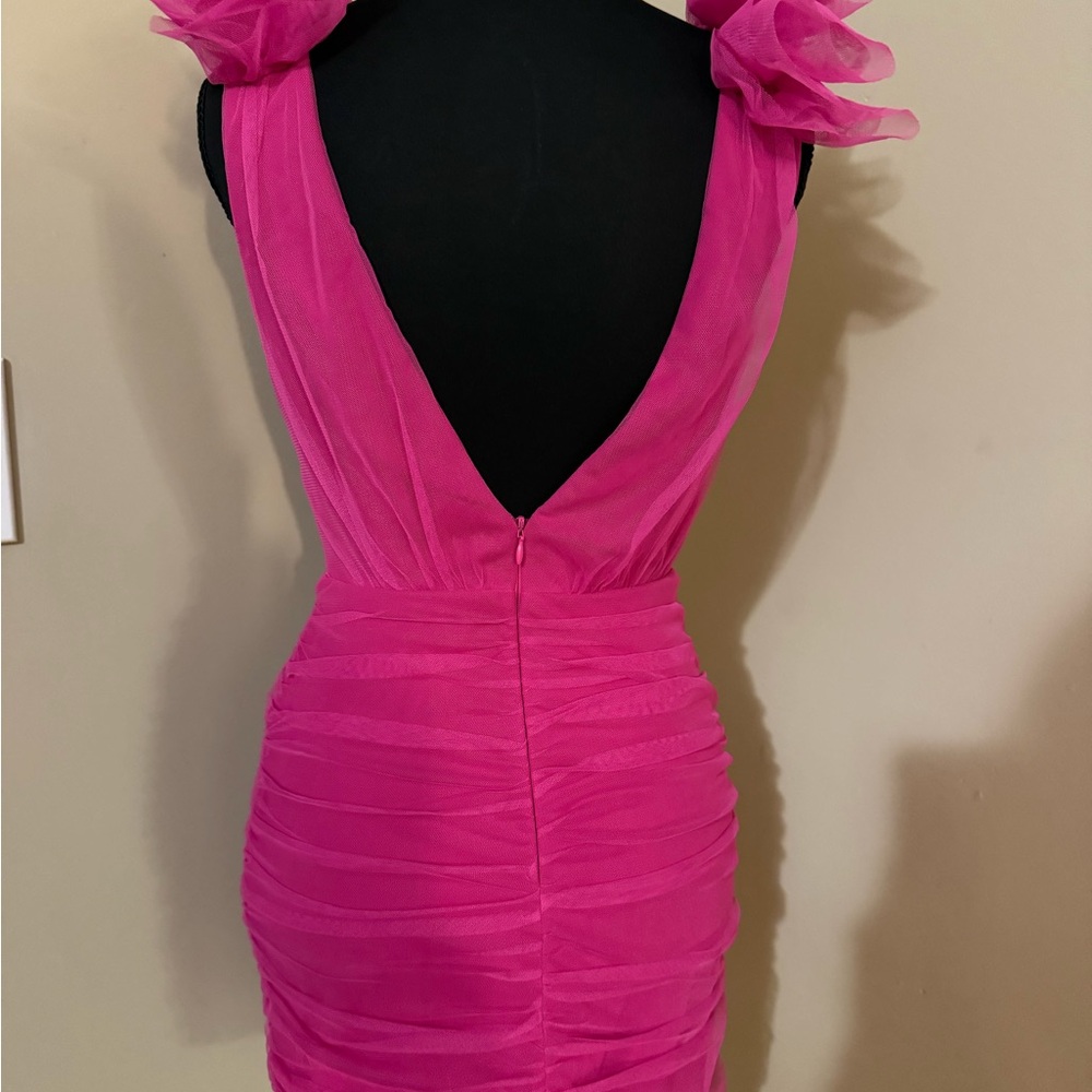 Lulu's Neon Pink Ruffled Shoulder Ruched Mini Dress - Picture 4 of 4